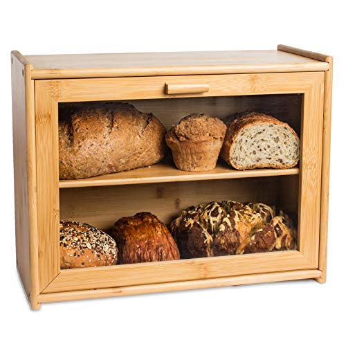 Product Cover LAURA'S GREEN KITCHEN Large Bread Box: Bamboo Bread Box with Clear Front Window - Farmhouse Style Bread Holder for Kitchen Counter - Double Layer Bread Storage Bin Holds 2 Loaves (Self-Assembly)