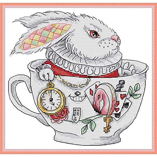 Product Cover Printed Cross Stitch Kits 11CT 13X13 inch 100% Cotton Holiday Gift DIY Embroidery Starter Kits Easy Patterns Embroidery for Girls Crafts DMC Stamped Cross-Stitch Supplies Needlework The Rabbit Cup
