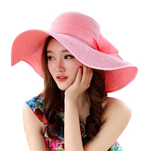 Product Cover New Women Wide Brim Sun Hat Summer Beach Cap Packable Straw Hat for Travel Pink
