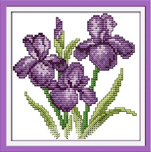 Product Cover Christmas Gift Printed Cross Stitch Kits 11CT 8X8 inch 100% Cotton DIY Embroidery Starter Kits Easy Patterns Embroidery for Girls Crafts DMC Stamped Cross-Stitch Supplies Needlework Violet Flowers