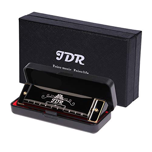 Product Cover JDR Harmonica Blues Key of C, 10 Hole 20 Tones with 0.8mm Plate Structure for Kids Beginners with Gift Case, Clean Cloth and Manual
