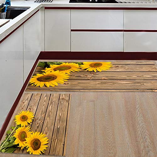 Product Cover Fantasy Star Kitchen Rugs Sets 2 Piece Floor Mats 3 Sunflower on The Wooden Table Doormat Non-Slip Rubber Backing Area Rugs Washable Carpet Inside Door Mat Pad Sets (15.7