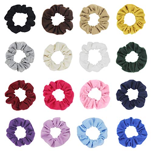Product Cover Pack of 16 Cotton Hair Scrunchies Single Jersey Solid Color Ponytail Holders Elastic Hair Ties for Girl (16 colors)
