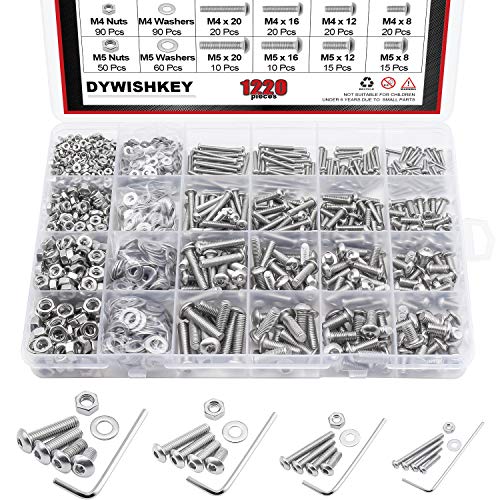 Product Cover DYWISHKEY 1220 PCS M2 M3 M4 M5, 304 Stainless Steel Hex Button Head Cap Bolts Screws Nuts Washers Assortment Kit with Hex Wrenches