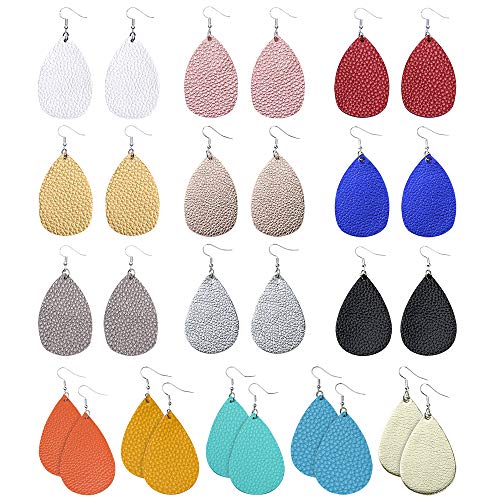 Product Cover Sntieecr 14 Pairs 14 Colors Faux Leather Earrings Lightweight Teardrop Petal Drop Earrings Long Dangle Earrings Leaf Handmade Leather Earrings Gift Set for Women