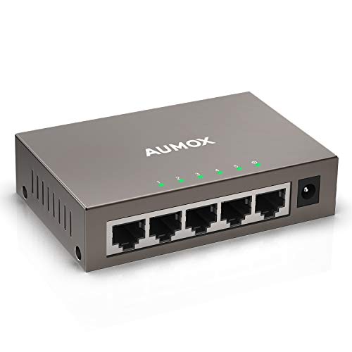 Product Cover Aumox 5 Port Gigabit Ethernet Network Switch, Desktop, Unmanaged Ethernet Splitter, Durable Metal Casing, Traffic Optimization, Fanless Quite, Plug and Play（AM-SG205）
