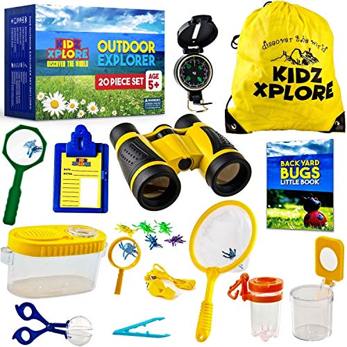 Product Cover Kidz Xplore Outdoor Explorer Set 20 pc - Nature Exploration Kit Children Outdoor Games Mini Binoculars Kids, Compass, Whistle, Magnifying Glass, Bug Catcher, Adventure, Fishing, Hiking Educational Toy