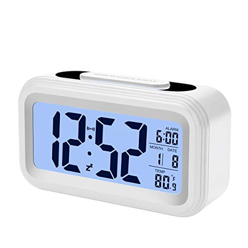 Product Cover Alarm Clock, Electronic Digital Morning Clock with Large LCD, Backlight, Calendar and Temperature (White)