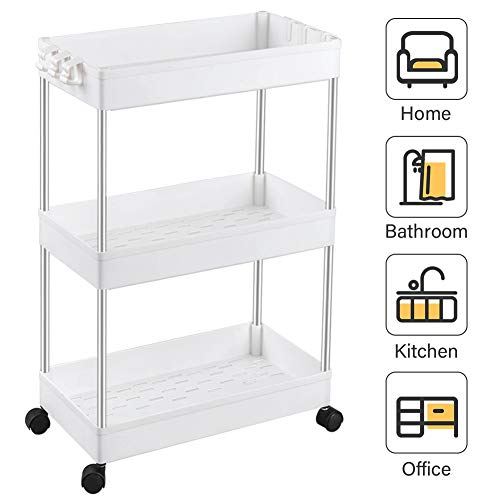 Product Cover SPACEKEEPER 3-Tier Slide Out Storage Cart Rolling Utility Cart Storage Shelf Rack Mobile Storage Organizer Shelving for Office, Kitchen, Bedroom, Bathroom, Laundry Room & Dressers, White