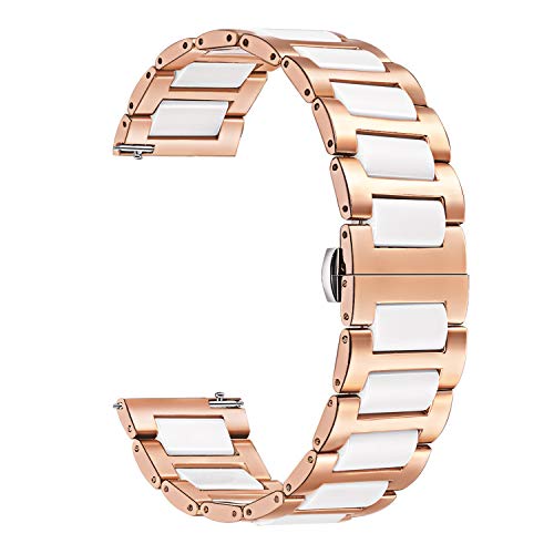 Product Cover for Fossil Gen 4 Q Venture HR Women Watchband, TRUMiRR 18mm Rose Gold Stainless Steel & White Ceramic Band Quick Release Strap Wrist Bracelet for Fossil Gen 3 Q Venture TicWatch C2 Rose Gold