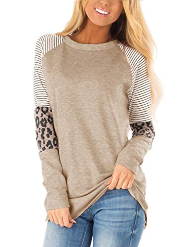 Product Cover Floral Find Women's Long Sleeve Leopard Color Block Tunic Comfy Stripe Round Neck T Shirt Tops