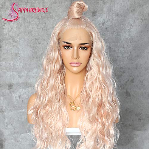 Product Cover Sapphirewigs Long Rose Gold Blonde Color Natural Curly Daily Makeup Heat Resistant Synthetic Lace Front Wedding Wedding Party Wigs