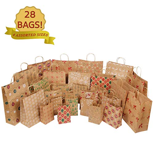 Product Cover MOMONI 28 Piece (7 Jumbo, 7 Large, 7 Medium, 7 Small) Premium Assorted Sizes Christmas Gift Bags- Kraft Gift Bags Bulk Assortment Christmas Bags- Good for Xmas Party Favors, Goody Gift Bags Large