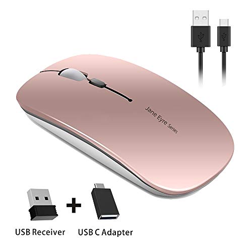 Product Cover Picktech Q5 Slim Rechargeable Wireless Mouse, 2.4G Portable Optical Silent Ultra Thin Wireless Computer Mouse with USB Receiver and Type C Adapter, Compatible with PC, Laptop, Desktop (Rose Gold)