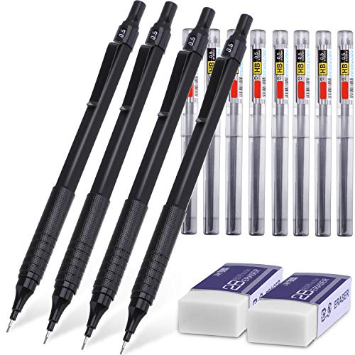 Product Cover Mechanical Pencils Set includes Metal Automatic Mechanical Pencils, HB Pencil Leads and Erasers with Storage Case (0.5 mm, Black, 4 Pieces)
