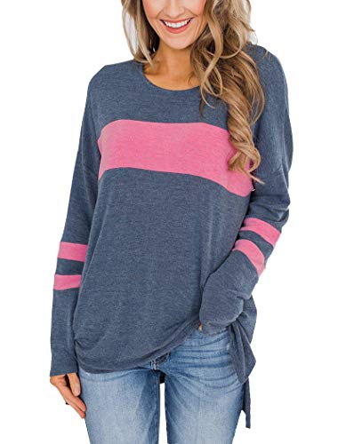 Product Cover Hilltichu Women's Color Block Long Sleeve Shirt Pullover Round Neck Side Split High Low Tunic Tops