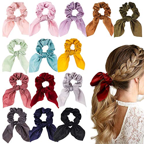 Product Cover WATINC 14 Pcs Bowknot Hair Scrunchies Super Soft Silk Scarf Hair Ties 2 in 1 Design Solid Colors Scrunchie Ponytail Holder with Bows Pattern Hair Scrunchy Accessories Ropes for Women