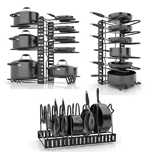 Product Cover SKATCO Pots and Pans Organizer - Metal Pan Organizer Rack - Pantry & Kitchen Cabinet Organizer - Heavy Duty Lids, Dishes, Pot and Pan Organizer - Horizontal & Vertical Pot Rack with 3 Use Methods