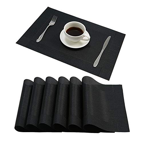 Product Cover DOLOPL Placemat Black Placemats Crossweave Woven Vinyl Non-Slip Insulation Table Mats Set of 6 Easy to Clean Wipeable Washable Farmhouse Modern Placemats for Dining Kitchen Restaurant Christmas Table