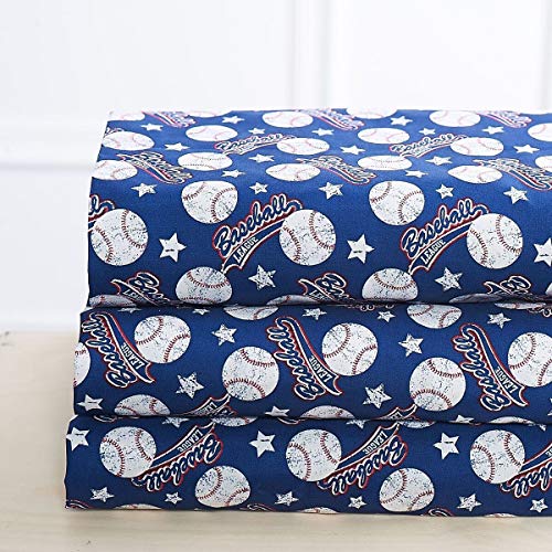 Product Cover Elegant Home Blue White Red Baseball League Sports Design 4 Piece Printed Sheet Set with Pillowcases Flat Fitted Sheet for Boys/Kids/Teens # Baseball (Full)