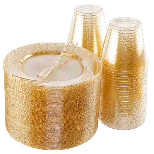 Product Cover BUCLA 100pack Gold Glitter Plastic Plates 6.5inch -100pack Plastic Dessert Forks 5inch-100Pack Disposable 9oz Gold Glitter Plastic Cups- Perfect for Weddings& Parties