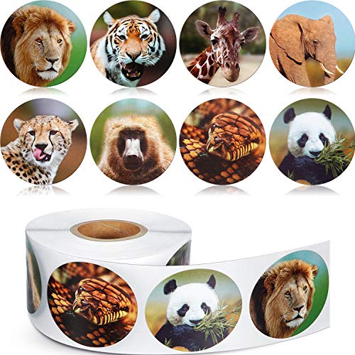 Product Cover Chinco 500 Pieces Animal Stickers Zoo Animal Roll Stickers 1-1/2 Inch Self Adhesive Label Animal Shape Wall Decals for Kids Party Favors, 8 Styles