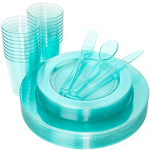 Product Cover WDF 25 Guest Turquoise Green Plates with Disposable Plastic Silverware&Green Cups-Neon Clear Plastic Dinnerware include 25 Dinner Plates,25 Salad Plates,25 Forks, 25 Knives, 25 Spoons,25 Plastic Cups