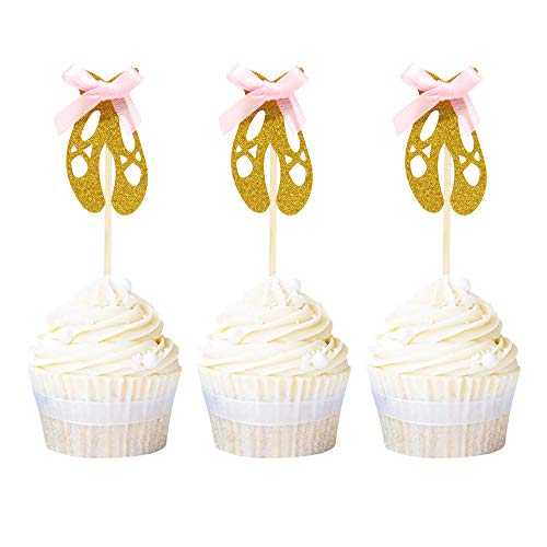 Product Cover Newqueen 24 Pack Ballerina Slippers Cupcake Toppers Gold Glitter Ballet Girl Cupcake Picks Handcrafted Baby Shower Kids Birthday Party Decoration