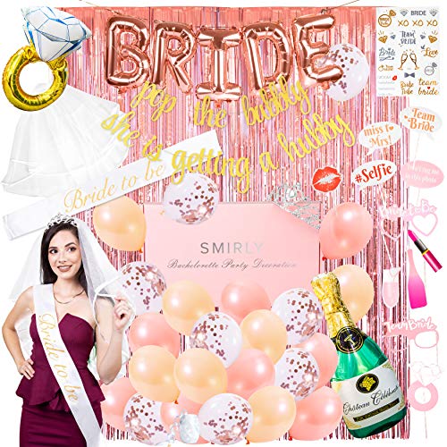 Product Cover Smirly Bachelorette Party Decorations Kit: Rose Gold Bridal Shower Party Decor and Supplies - Includes Bride Sash, Gold Glitter Banner, Foil Balloons, Flash Tattoos, Tinsel Curtain, and More - 50 Pack