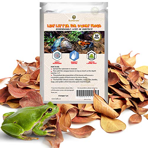Product Cover SunGrow Dwarf Frog Leaf Litter, 2 Inches, Mini Leaves for Boosting Microfauna, Regulates Humidity Inside Terrarium, Provides Shelter, Aids in Breeding, Regulate pH of Substrate, 50 Pieces
