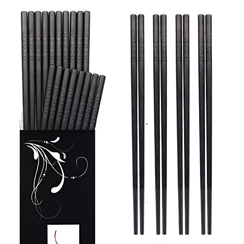 Product Cover Chopsticks - 10 Pairs Reusable Fiberglass Alloy Chopstick Set, Dishwasher Safe (Pure Black) (A)