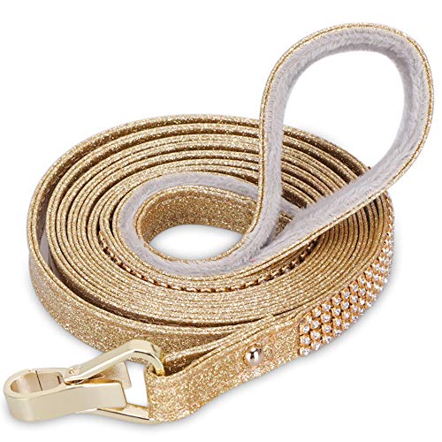 Product Cover PetsHome Dog Leash, Pet Leash, [Bling Rhinestones] Premium PU Leather Durable and Soft 5 FT Leash for Control Safety Training, Walking Lead for Small to Large Dogs Gold