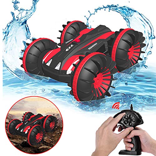 Product Cover Gifts for 5-12 Year Old Boys Pussan Amphibious Remote Control Car for Kids and Adults 2.4 GHz RC Stunt Car for Boys Girls 4WD Off Road Monster Truck Gifts Remote Control Boat Summer Beach Toy SLC Red