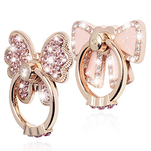 Product Cover Finger Ring Stand,WATACHE 2 Pack Luxury Glitter Diamond Universal Metal Finger Ring Grip Holder Kickstand for iPhone Xs Max Xr X 8 7 6 6s Plus 5s,Galaxy S10 Plus S8 S7 S6 Note,All Smartphone,Pink/Bow