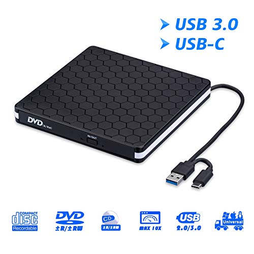 Product Cover External DVD Drive for Laptop, Portable High-Speed USB-C&USB 3.0 CD Burner/DVD Reader Writer for PC Desktops, Compatible with Windows/Mac OSX/Linux