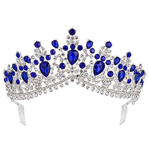 Product Cover Royal Rhinestone Crystal Queen Tiara Headband Wedding Pageant Birthday Party Crowns Princess Headpieces for Women Girls (Silver Blue)