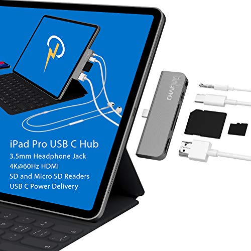 Product Cover CharJenPro Certified USB C Hub for iPad Pro 2018, 2019, Note 10, All USB C laptops and Phones. HDMI 4K@60Hz, 3.5mm Headphone Jack, microSD/SD, USB C PD (USB-C Hub, USBC Hub)