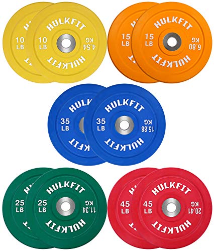 Product Cover HulkFit Color Coded Olympic 2-Inch Rubber Bumper Plate with Steel Hub for Strength Training, Weightlifting and Crossfit, Single (Set: 260 Pounds)