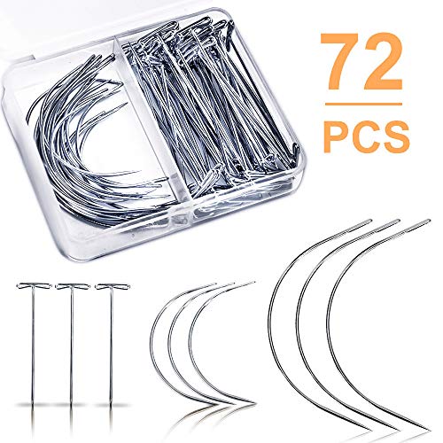 Product Cover 72PCS Premium T Pins for wigs - C Curved Wig Needle and T Pins for Wig Making & Doing Sew, Wig Making Set, Durable Nickel Curved Weaving Needle Blocking Knitting, Modelling and Crafts