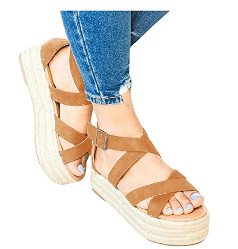 Product Cover PiePieBuy Women's Flatform Espadrille Strappy Crisscross Open Toe Ankle Buckle Platform Summer Sandals Brown