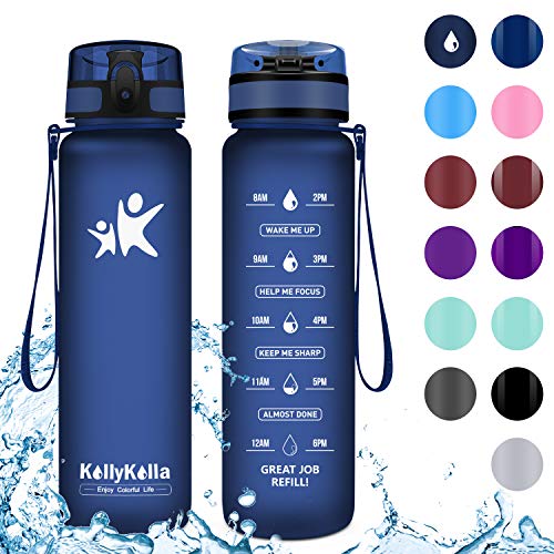 Product Cover KollyKolla Sports Water Bottles 32oz,27oz,17oz,12oz,Reusable Plastic Water Bottle with Time Marker and Filter, BPA Free Tritan Kids Flip Top Water Bottle for Gym, Bike, Yoga, Running