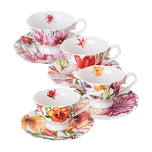 Product Cover Eileen's Reserve teacup and saucer set, new bone china tea party gift, set of 4 (Modern)