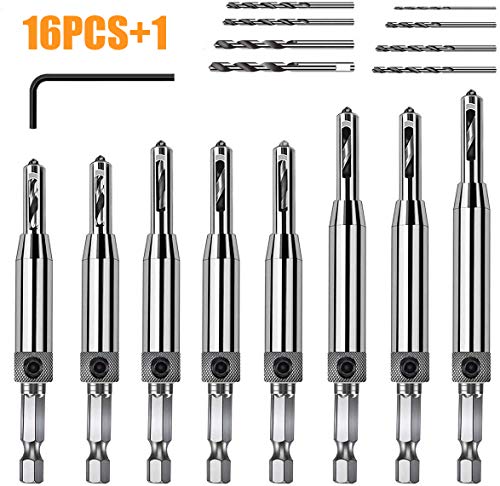 Product Cover ZINMOND Self Centering Drill Bits, 17 PCS Hinge Drill Bit Set for Wood Door Window handles Cabinet Woodworking Hinge Hardware Pilot Hole Drill Bit (5/64'' -1/4'') with 1 Hex Key & 8 Replacement Bits.