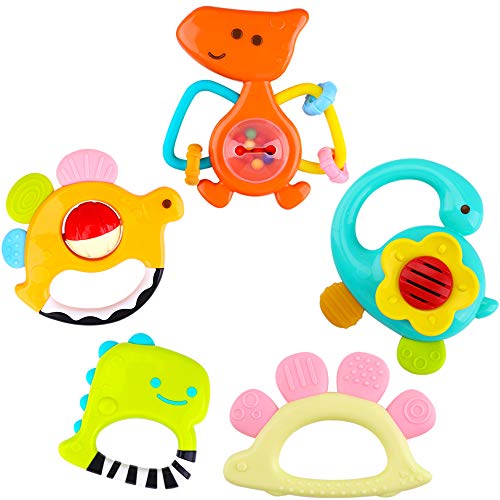 Product Cover iPlay, iLearn 5 Dinosaur Baby Rattles, Teether, Shaker, Grab and Spin Rattle, Musical Toy Set, Early Educational Toys, Unique Gifts for 3, 6, 9, 12, 18 Month Olds Infant, Newborn, Toddler, Boys, Girls