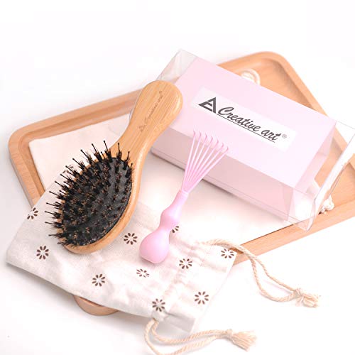 Product Cover Boar Bristle Hair Brush With Soft Detangle Nylon Pins,Natural Bamboo Handle Oval Paddle Massage Hairbrush & Brush Cleaner Included, Best for Detangling & Styling All Hair Types (small)