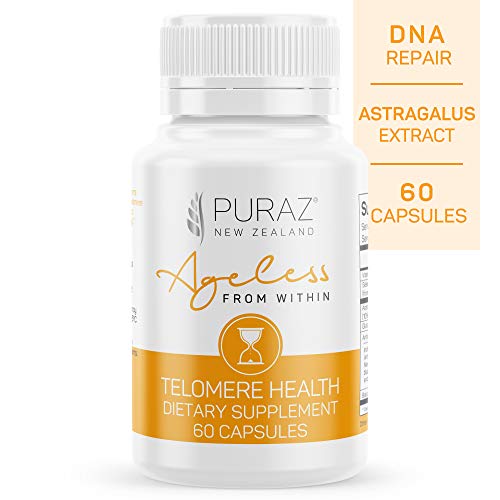 Product Cover Puraz Telomere Supplements with Potent Astragalus Root Extract for Superior Immune System Support, Anti-Aging and DNA Repair - Pure Telomerase Enzyme for Telomere Lengthening and Support - 60 Capsules