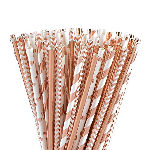 Product Cover ALINK Biodegradable Rose Gold Paper Straws Bulk, Pack of 100 Metallic Foil Striped/Wave/Heart Straws for Birthday, Wedding, Bridal/Baby Shower, Celebrations and Party Supplies