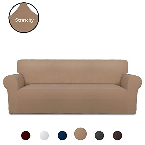 Product Cover PureFit Super Stretch Chair Sofa Slipcover - Spandex Non Slip Soft Couch Sofa Cover, Washable Furniture Protector with Non Skid Foam and Elastic Bottom for Kids, Pets （Oversized Sofa， Camel）