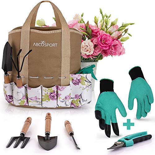 Product Cover Garden Tools Set - 9 Piece Gardening Kit - Easy to Carry Tote Bag - Pretty Floral Design - Ergonomic Wooden Handle - Heavy Duty - Bonus Gloves and Cutter - Machine Washable - Great as a Gift