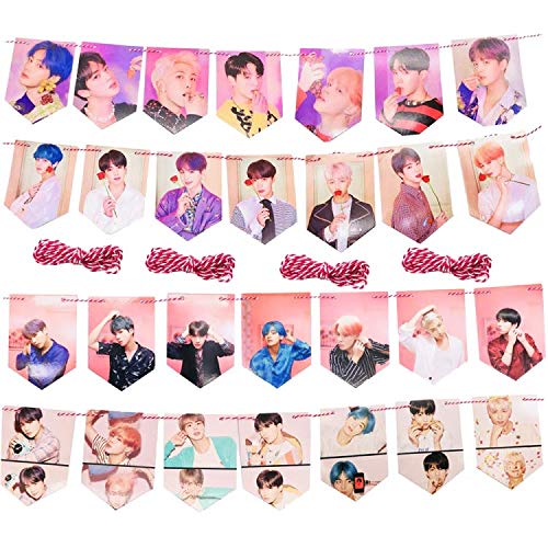 Product Cover 28 PCS Kpop Bingtan Boys Hanging Banner, 4 x 2 Meter BTS Flag Garland with 2PCS Tattoo Stickers for Home Decor Party Decoration and A.R.M.Y